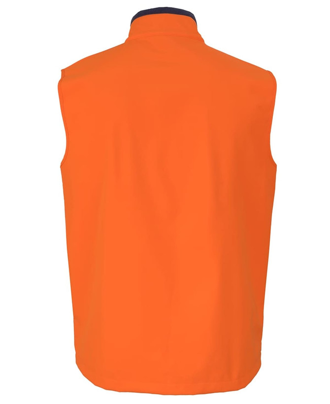 A three-layer softshell vest in lime and navy, featuring a high collar and sleeveless design. It has a logo.