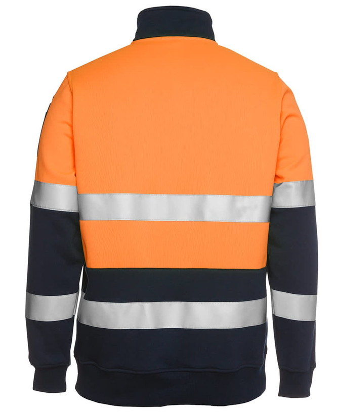 A fleecy sweat in orange and navy, featuring reflective stripes and a high collar. The back view showcases the design.