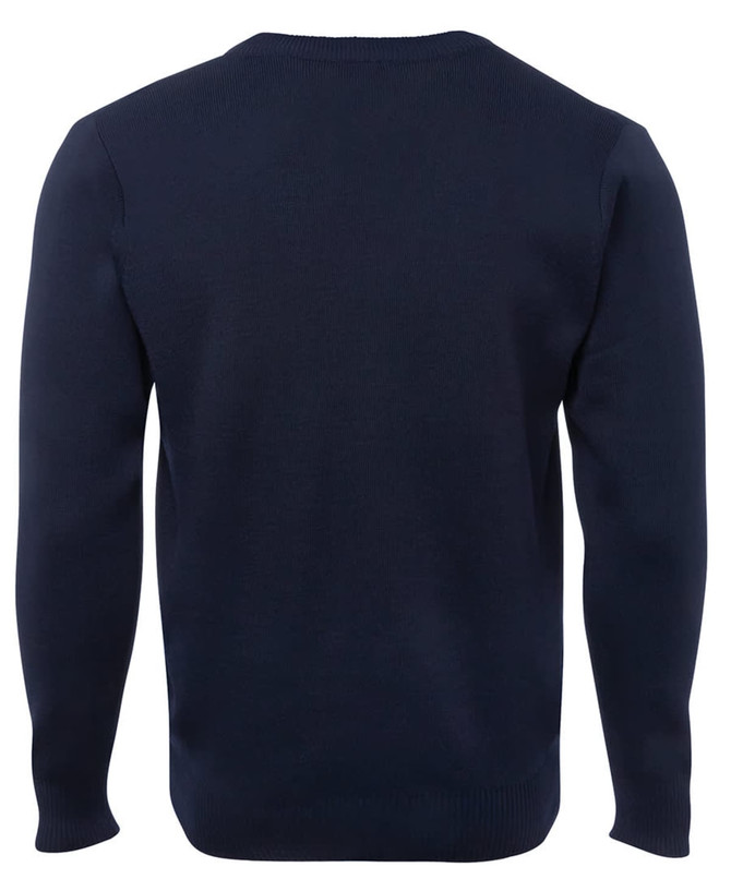 A navy blue knitted jumper with long sleeves and a crew neck, featuring a simple design and no visible logos.