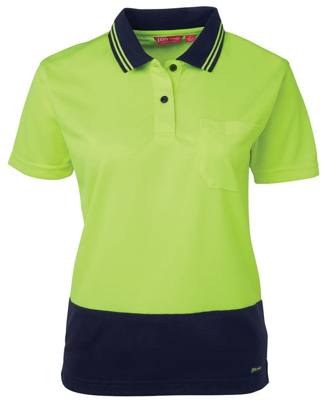 A bright yellow and navy blue ladies' short sleeve polo shirt with a pocket and a logo.