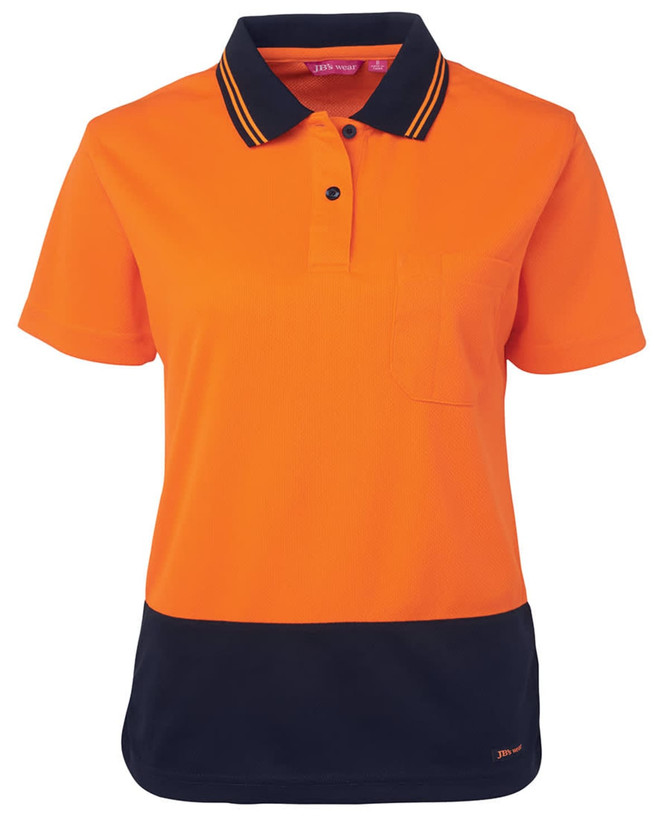 An orange and navy short-sleeve polo shirt with a collar and a front pocket, featuring a logo.