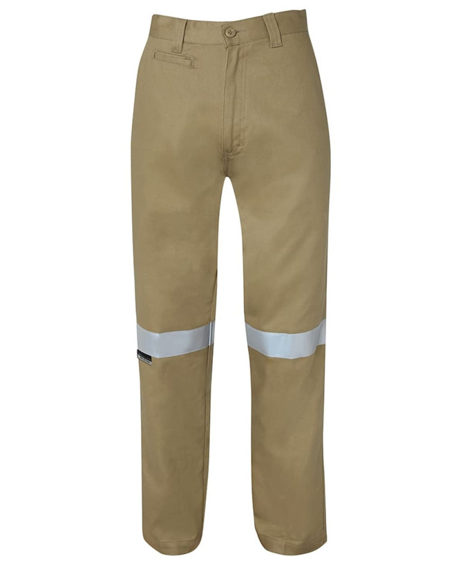 Light brown work trousers featuring reflective tape along the legs, designed for safety and visibility.