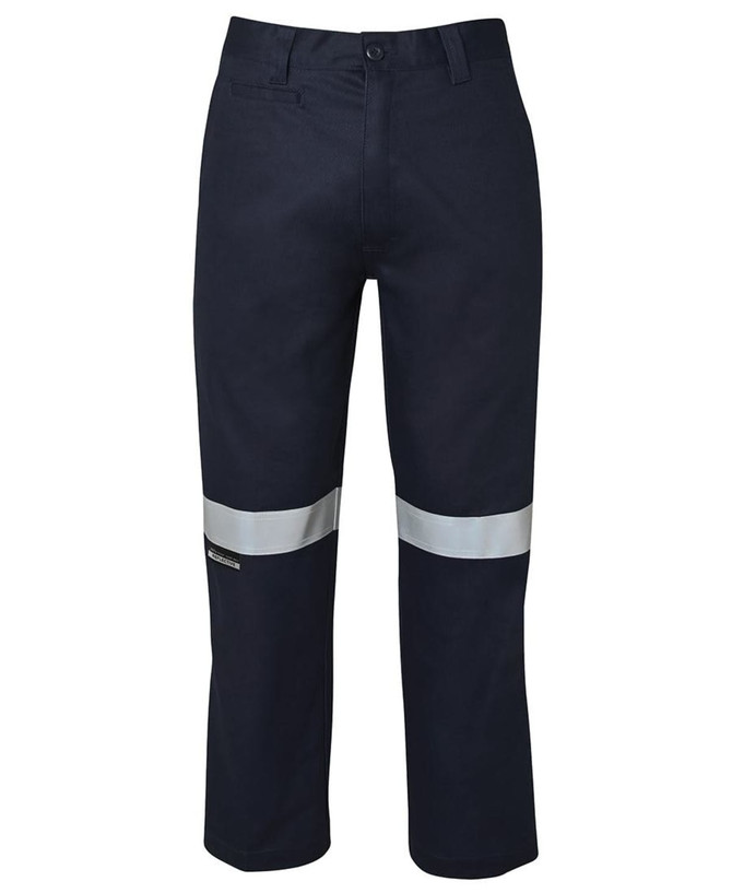 Navy work trousers featuring reflective tape on the lower legs and a logo. Suitable for workwear.