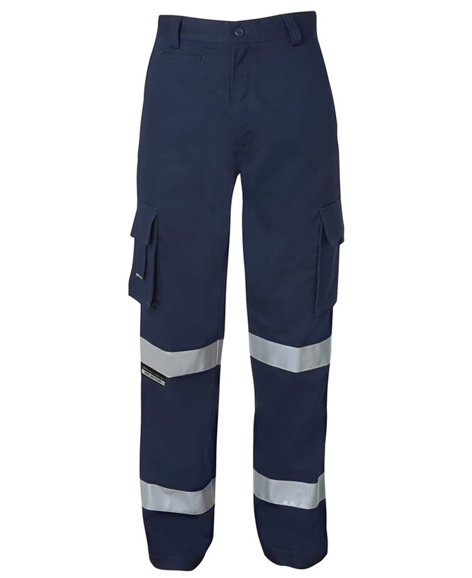 A pair of navy work pants with multiple pockets and reflective tape details. Features a logo on the product.