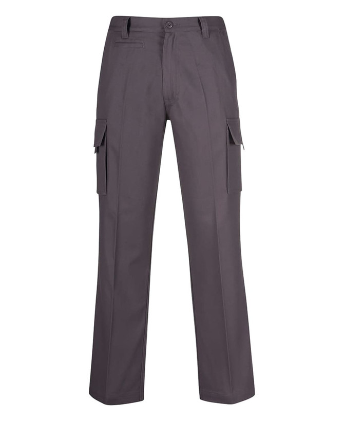 Grey cargo pants with multiple side pockets and a button closure. Includes a logo on the waistband.