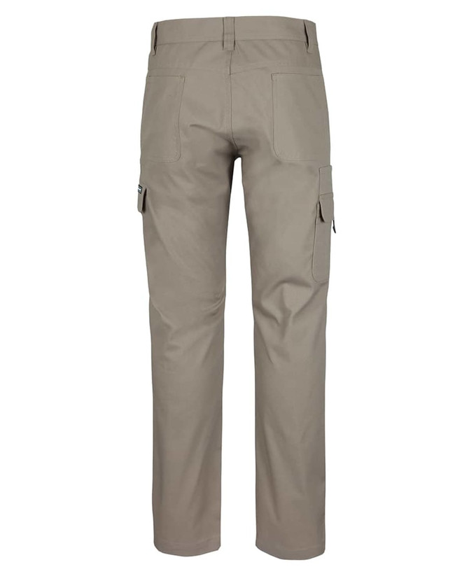 A pair of light beige cargo pants with multiple pockets and a logo, displayed from the back.