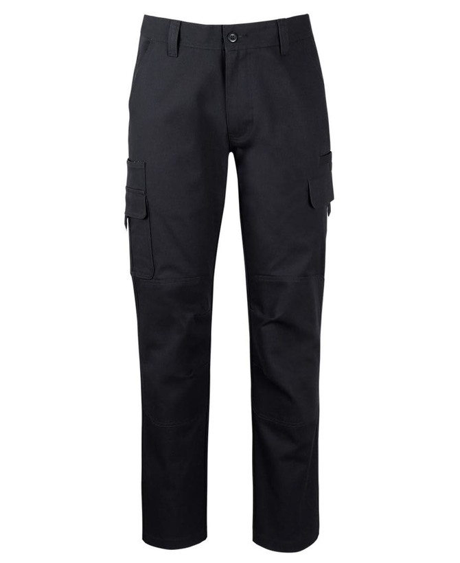 Black cargo pants featuring multiple pockets and a front button closure. Includes a branded logo on the waistband.