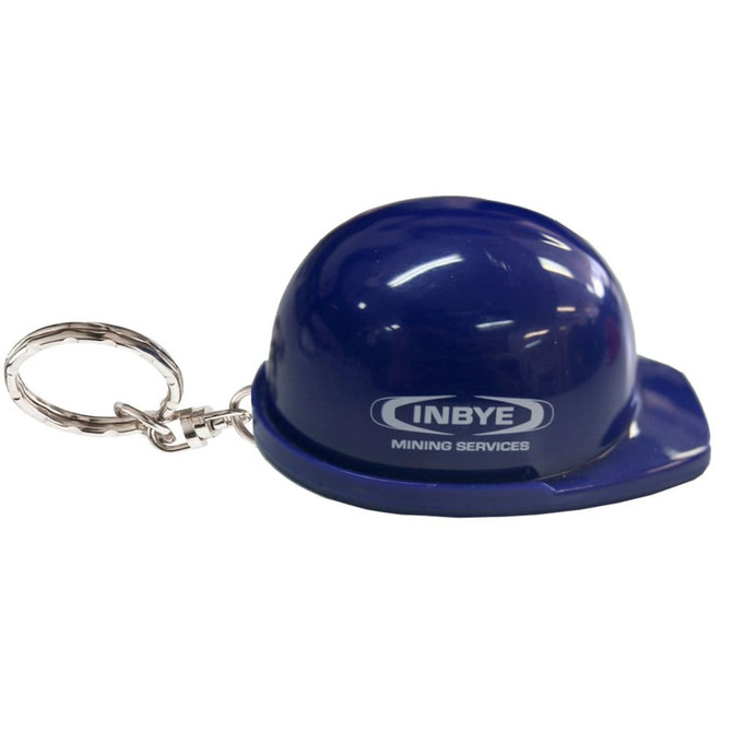 A blue hard hat keyring with a silver chain and a logo on the front.