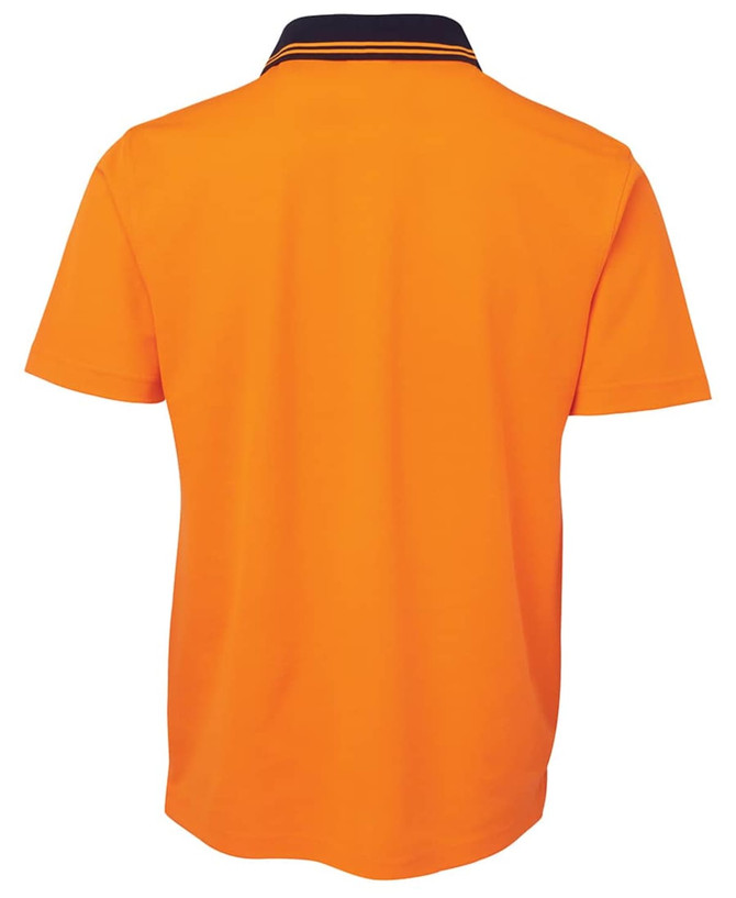 An orange short-sleeved polo shirt with a black collar and a logo on the back.