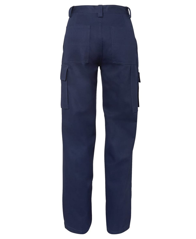 Navy cargo pants featuring multiple pockets and a classic fit, designed for women's wear. Includes branding.