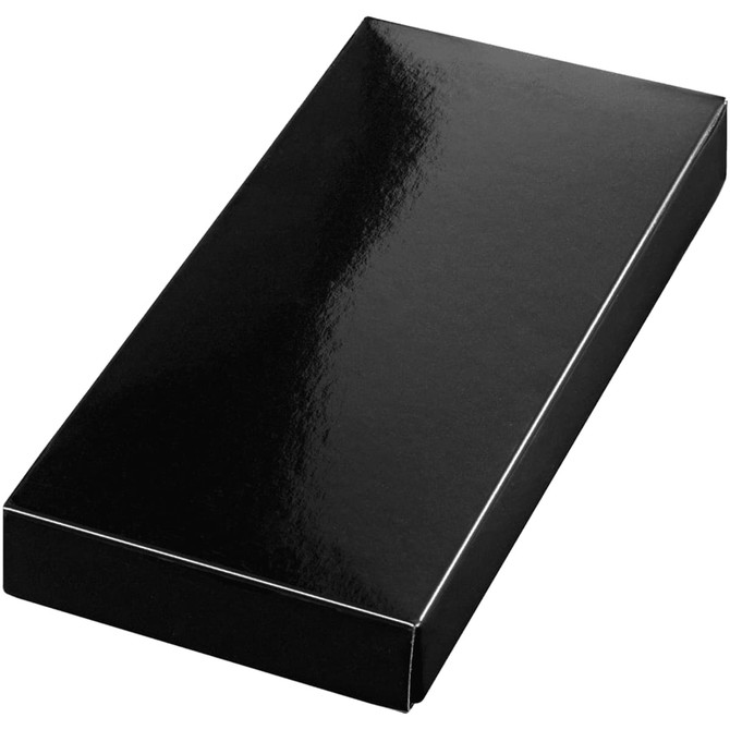 A black rectangular box with a glossy finish, suitable for packaging items like keyrings.