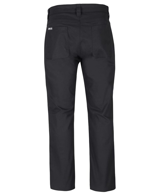Black stretch canvas trousers with a fitted design and rear pockets. Features a logo on the waistband.