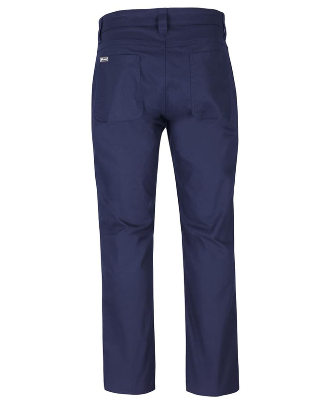 Navy stretch canvas trousers featuring two back pockets and a branded logo on the waistband.