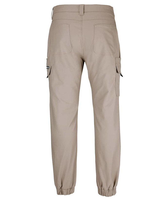 A pair of beige cargo joggers with multiple pockets, featuring elastic cuffs and a branded logo on the back.