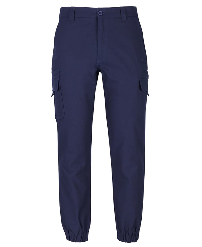A pair of navy cargo pants with multiple pockets and elasticated cuffs. The product features a logo.