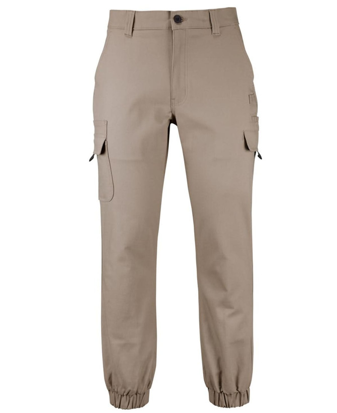 Khaki cargo joggers with multiple pockets and elastic cuffs. Features a logo on the fabric.