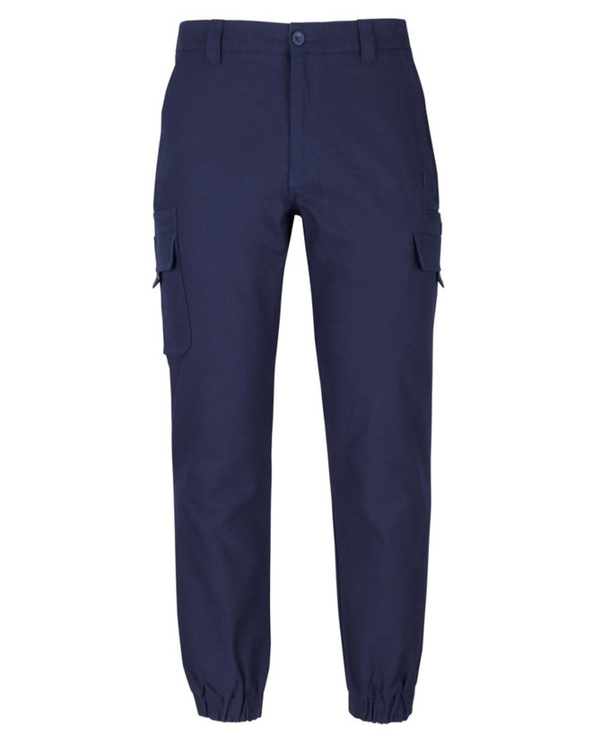 A pair of navy jogger cargo pants featuring multiple pockets and elasticated cuffs. It has a logo on it.