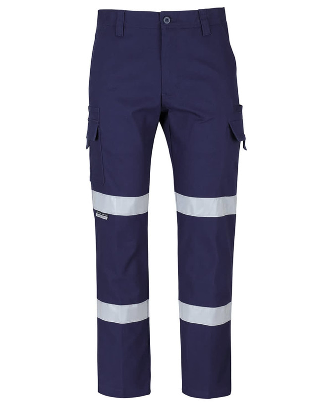 Navy cargo pants featuring reflective D+N tape, with multiple pockets and a logo on the side.