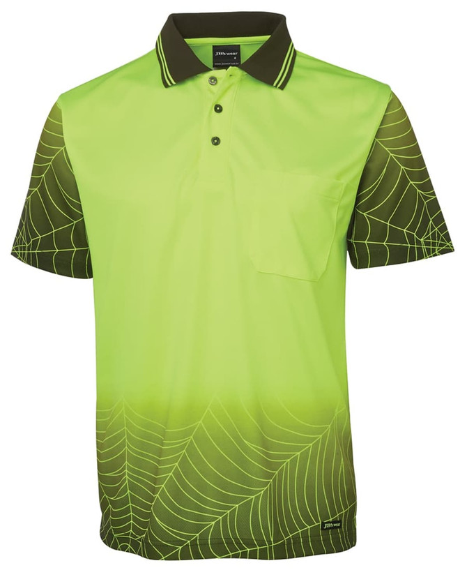 A bright green polo shirt with a web pattern, featuring a collar and a front pocket, plus a logo.