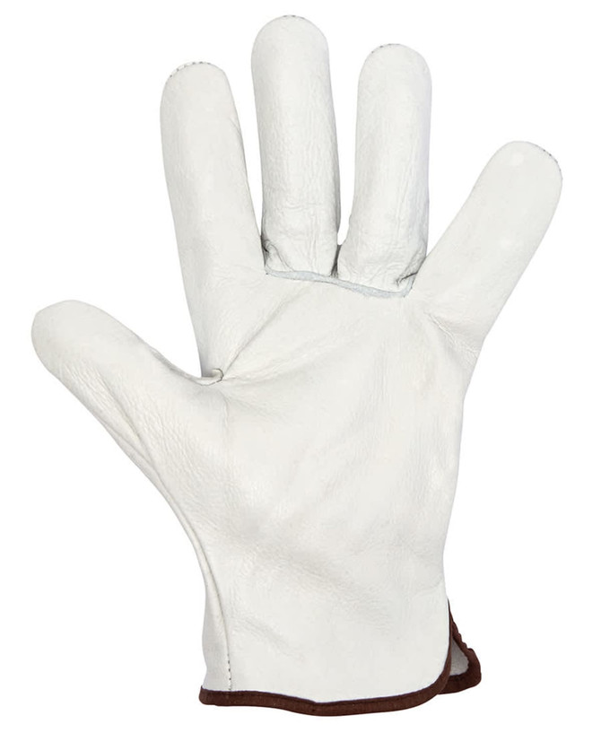 A white leather glove with a brown cuff, designed as part of a 12-pack of premium rigger gloves.