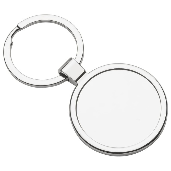 A silver metal keyring featuring a round design with a smooth, blank surface and a sturdy attachment ring.