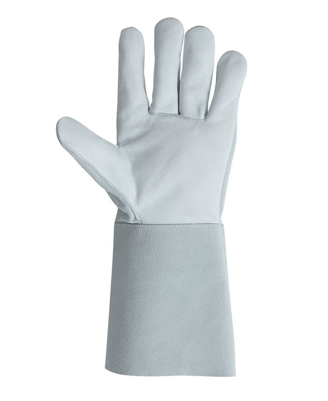 A light grey welder glove with a long wrist cuff, featuring a smooth leather finish and a branding logo.