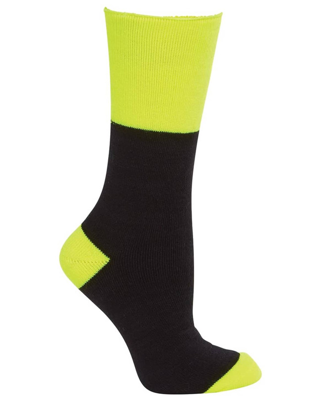 A black and high-vis yellow work sock with a reinforced toe and heel. Features a logo on the side.