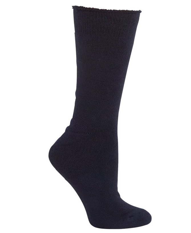 A pair of navy blue bamboo work socks with a ribbed design, shown from the side. The socks have a reinforced heel and toe.