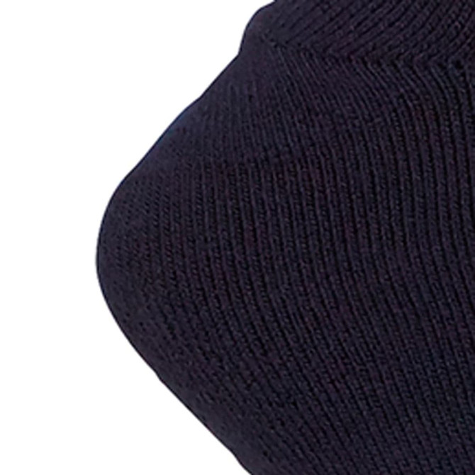A close-up of a navy blue work sock made from bamboo, featuring a textured knit and a logo.