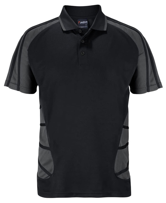 A black polo shirt with grey accents, featuring a collar and buttons. It includes a logo on the upper section.