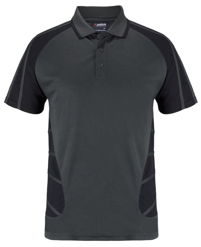 A dark grey polo shirt featuring black accents, with a collar and short sleeves. It has a logo on the chest.