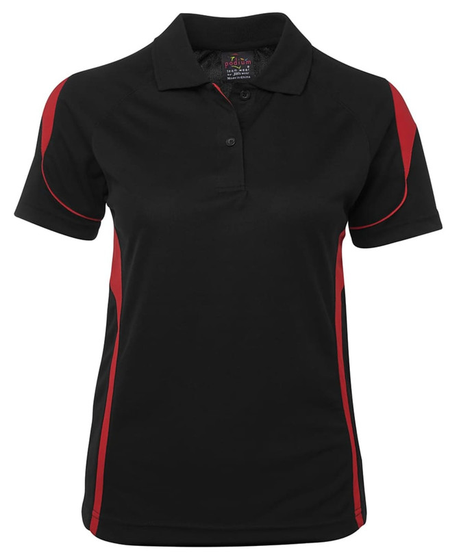 A black polo shirt with red side accents and a collar, featuring a logo on the front.