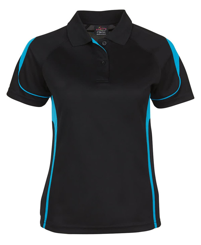 A black polo shirt featuring turquoise accents and a logo on the chest.