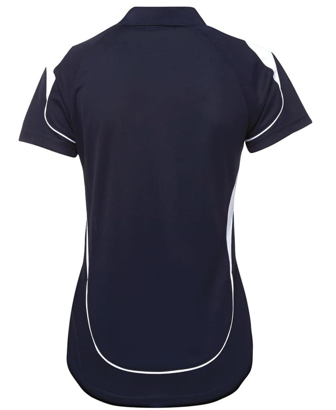 A navy polo shirt with white detailing and a logo on the back. Features short sleeves and a collar.