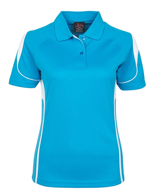 A women's polo shirt in bright blue with white detailing and a logo on the chest.