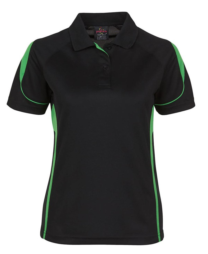 A black polo shirt with green accents and a collar. The shirt features a logo on the upper side.