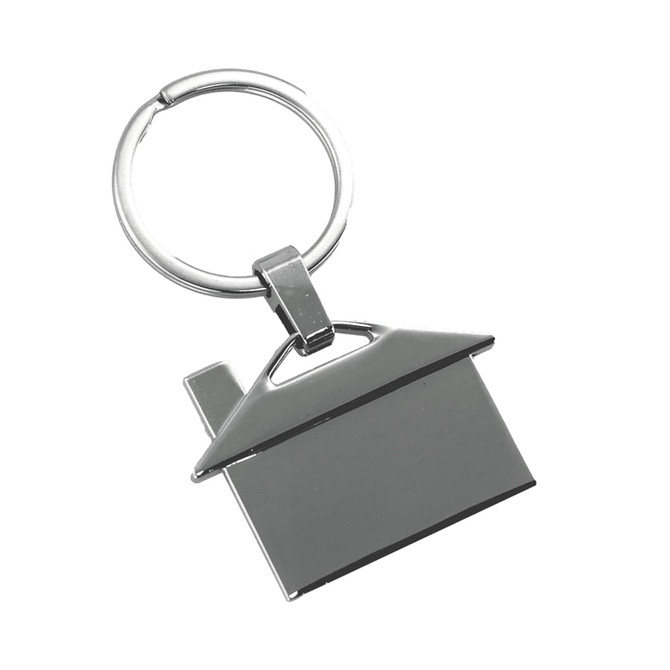 A house-shaped metal keyring in silver, featuring a simple design with a circular keyring attachment.