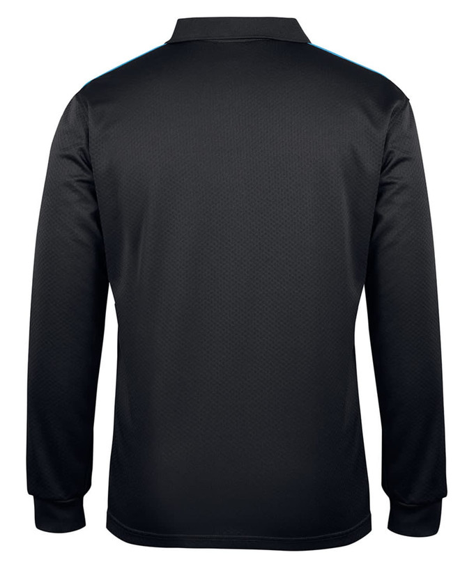A long sleeve polo shirt in black, featuring a collar and a logo on the back.