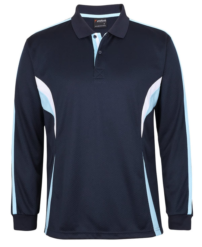 A dark navy long-sleeve polo shirt featuring light blue accents and a branding logo.