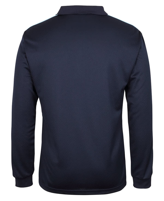 A long-sleeve navy polo shirt with a textured design and a branding logo on the back.