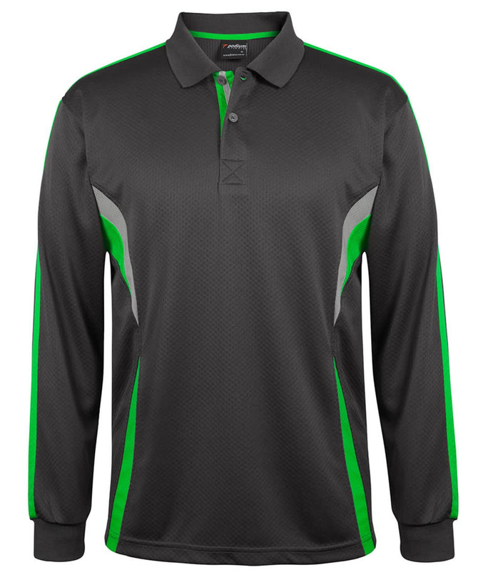 A long-sleeve black polo shirt featuring green and grey accents and a logo.