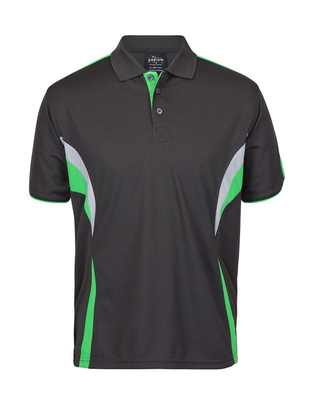A dark polo shirt with green and grey accents and a branding logo on the chest.