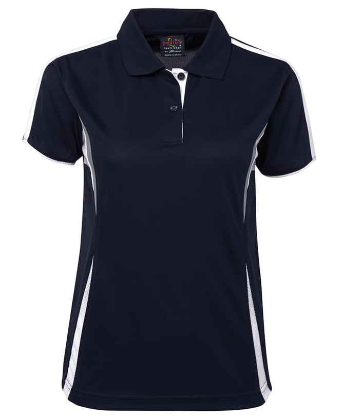 A navy blue women's polo shirt with white side stripes and a collar, featuring a branded label.