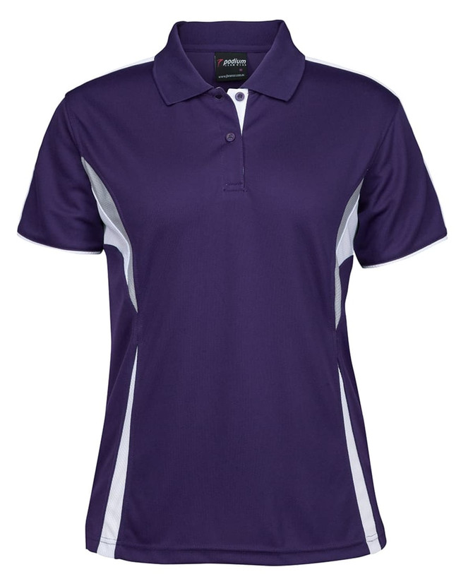 A purple polo shirt with white accents and a collar. It features a logo on the label.