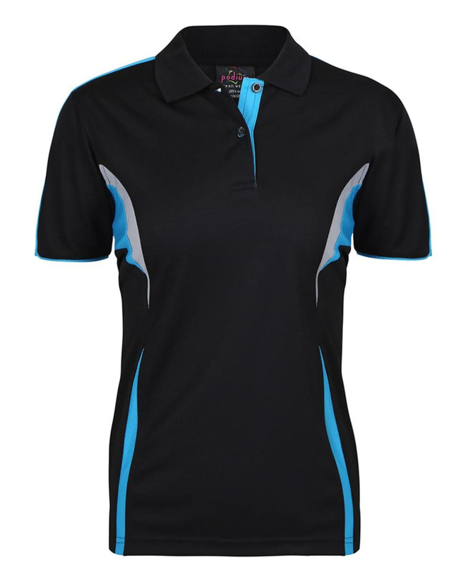 A black polo shirt featuring blue accents and a logo. The design includes a classic collar and button placket.