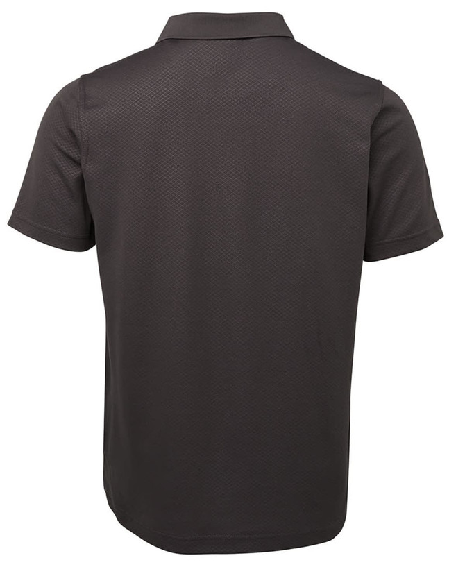 A back view of a gunmetal grey polo shirt with a collar, featuring a logo at the back.