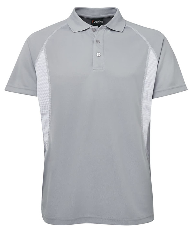 A grey polo shirt featuring mesh side panels and a collar, with a logo on the neckline.