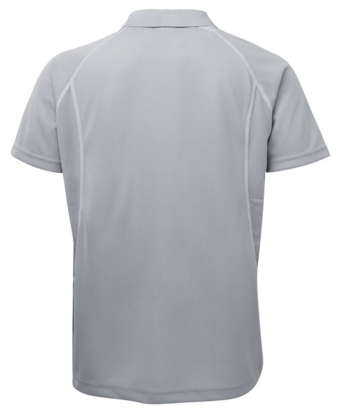 A grey polo shirt with a smooth fabric and a collar, featuring a logo on the back.