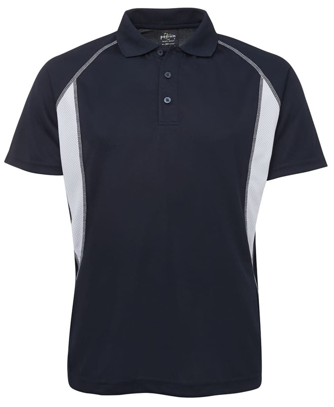 A navy polo shirt with grey side panels and a collar, featuring a logo on the chest.