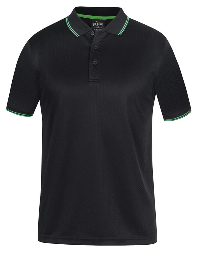 A black polo shirt featuring green contrast details and a logo. The shirt has a collar and button closure.
